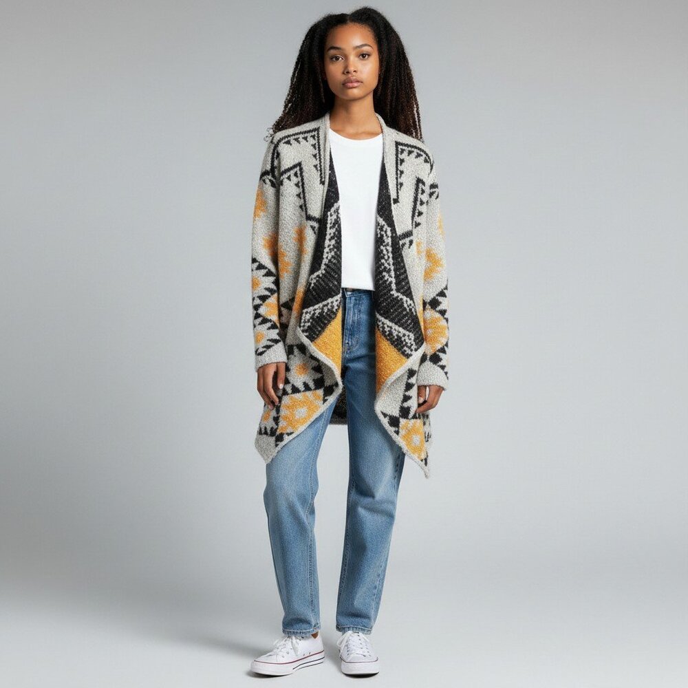Cozy Open Front Southwestern Cardigan Women’s Large Geometric Knit Boho